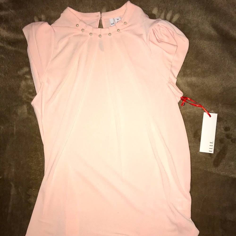 Pleated mock neck blouse with pearl accents